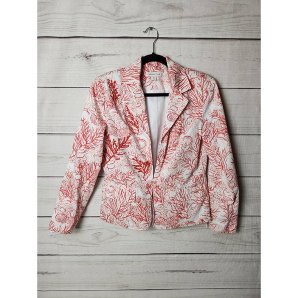 Coldwater Creek Womens Blazer Jacket Red White Coral Sea Hook & Eye Pockets 4/6